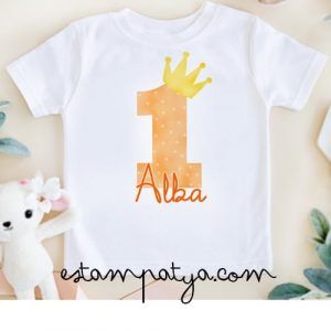 CAMISETA PRIMER CUMPLEAÑOS CON CORONA Camiseta Primer Cumpleanos Numero Naranja 5