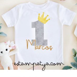 CAMISETA PRIMER CUMPLEAÑOS CON CORONA Camiseta Primer Cumpleanos Numero Gris 5
