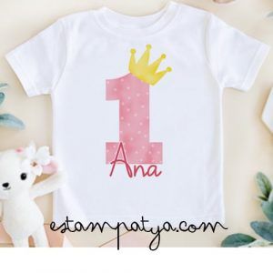 CAMISETA PRIMER CUMPLEAÑOS CON CORONA Camiseta Primer Cumpleanos Numero Rosa Con Corona 5