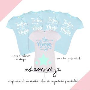 CAMISETA DESPEDIDA DE SOLTERA "LA TRIBU DE LA NOVIA" Camisetas La Tribu De La Novia Celestes